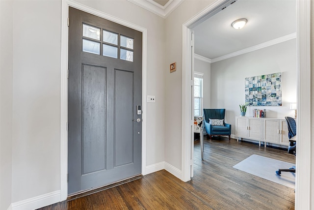 entryway featuring dark hardwood / wood-style flooring and crown molding