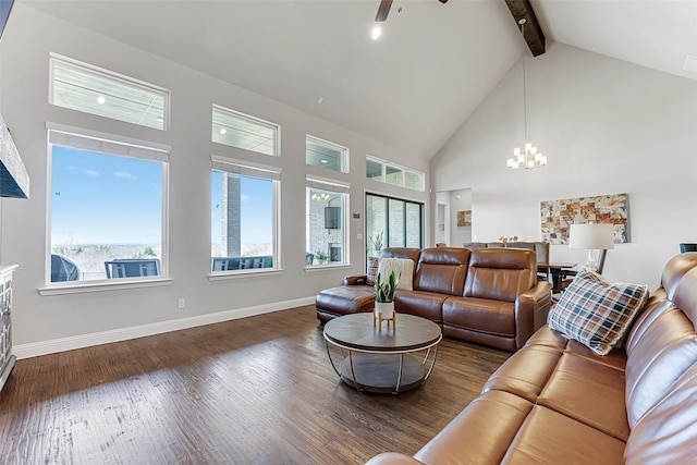 living room featuring dark hardwood / wood-style flooring, high vaulted ceiling, beamed ceiling, and ceiling fan with notable chandelier