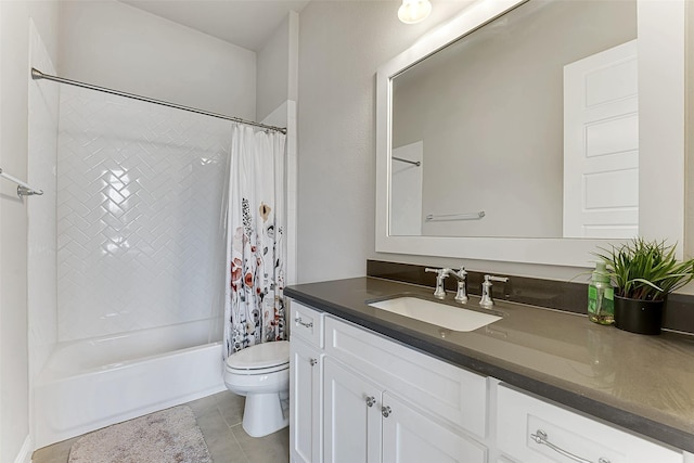 full bathroom featuring shower / tub combo, tile patterned flooring, vanity, and toilet