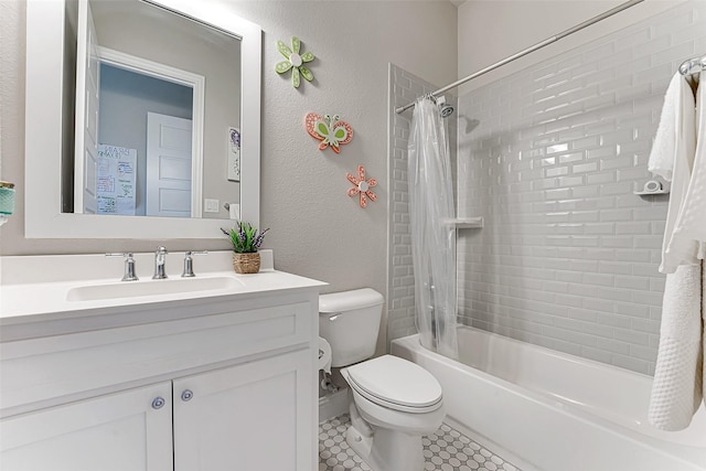 full bathroom featuring toilet, tile patterned flooring, vanity, and shower / tub combo with curtain