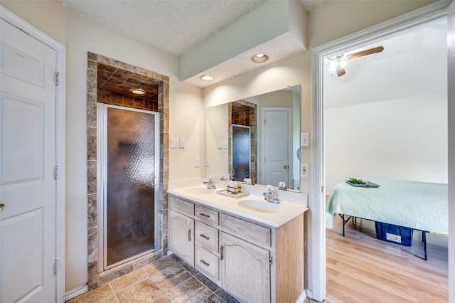 bathroom featuring vanity, a shower with shower door, and a textured ceiling