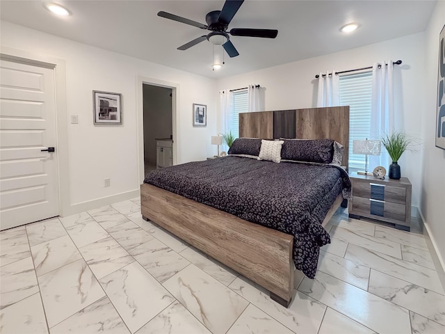 609 E 14th Ave, Corsicana, TX 75110 - bedroom featuring baseboards, marble finish flooring, recessed lighting, and ceiling fan