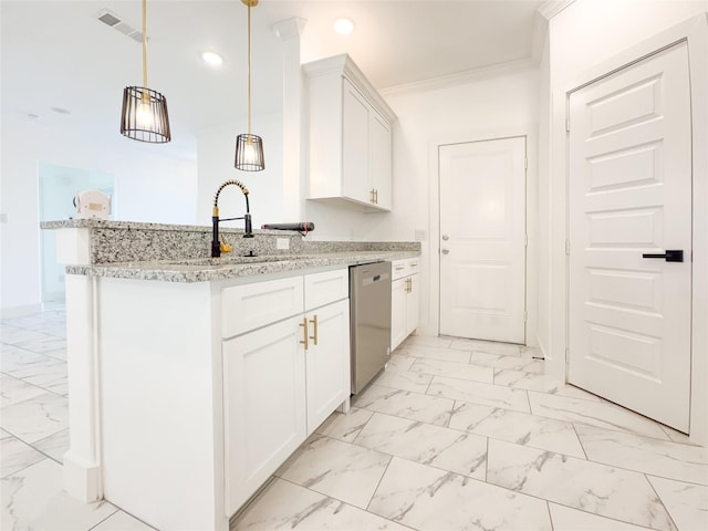 kitchen featuring pendant lighting, white cabinetry, dishwasher, light stone counters, and crown molding