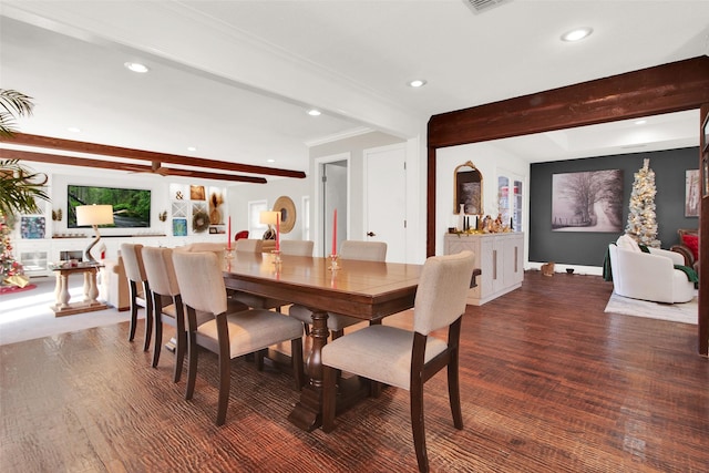 dining room featuring beam ceiling and dark wood-type flooring