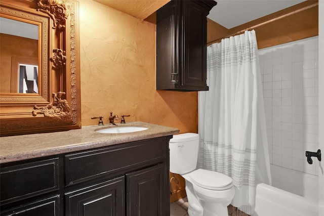 full bathroom featuring shower / bath combo, vanity, and toilet