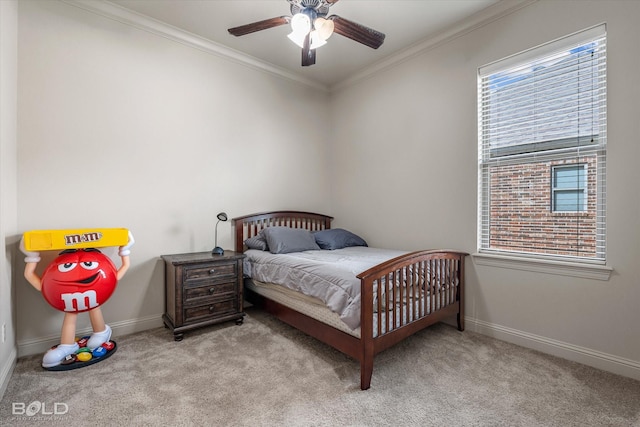 bedroom featuring light colored carpet and ornamental molding