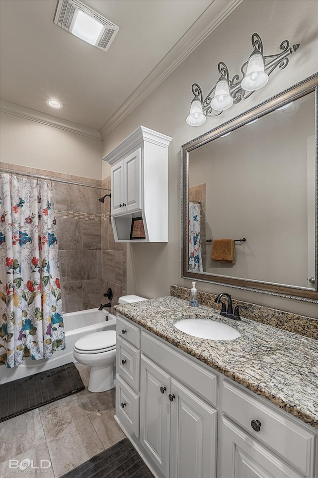 full bathroom featuring vanity, ornamental molding, shower / tub combo, and toilet