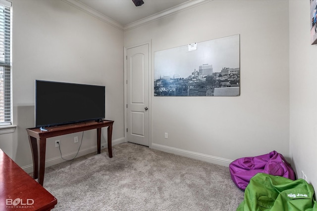 interior space featuring crown molding and light colored carpet