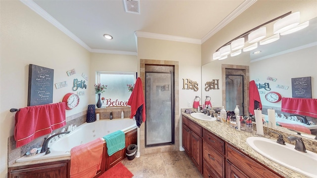 bathroom with vanity, shower with separate bathtub, and crown molding