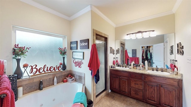 bathroom with vanity, separate shower and tub, and crown molding