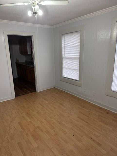 empty room with ceiling fan, light wood-type flooring, and crown molding