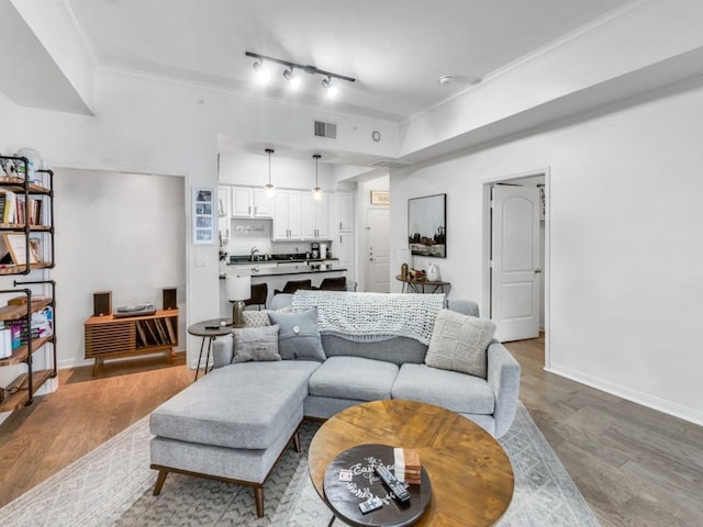 living room featuring ornamental molding, sink, and light wood-type flooring