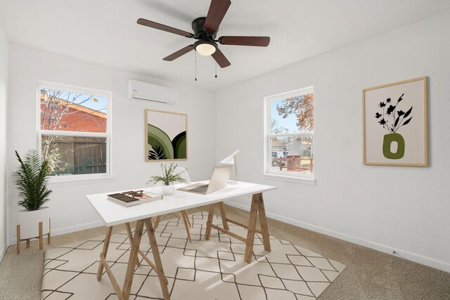 bedroom with ceiling fan, a spacious closet, a wall mounted AC, carpet floors, and a closet