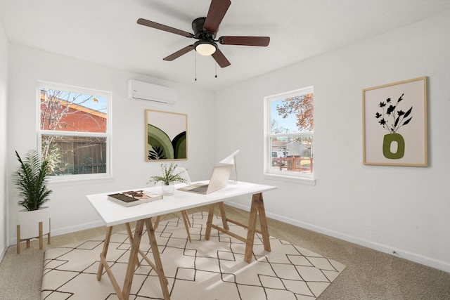 carpeted office space featuring ceiling fan, a healthy amount of sunlight, and a wall mounted air conditioner