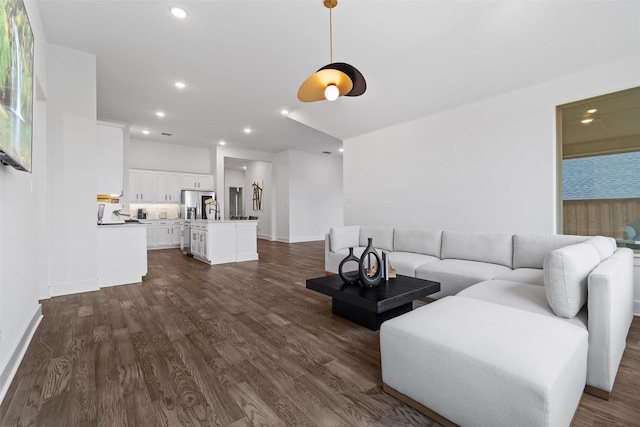 living room featuring dark hardwood / wood-style floors and sink