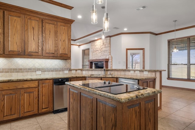 kitchen with visible vents, ornamental molding, brown cabinets, a peninsula, and backsplash