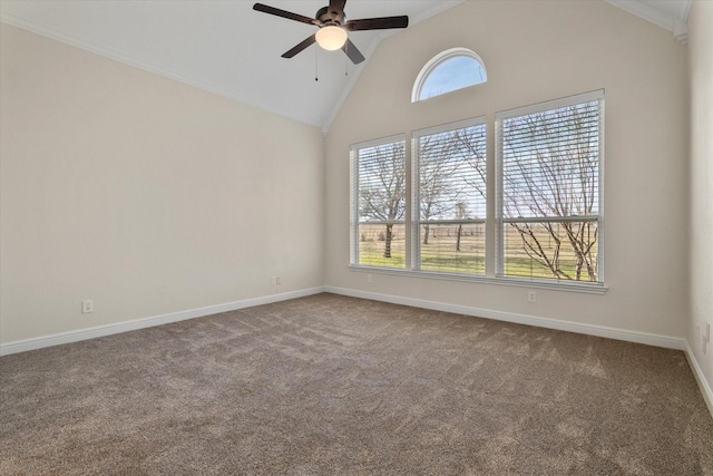 carpeted empty room with baseboards, high vaulted ceiling, ceiling fan, and a healthy amount of sunlight