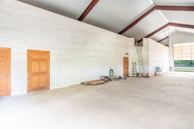 garage with wood walls