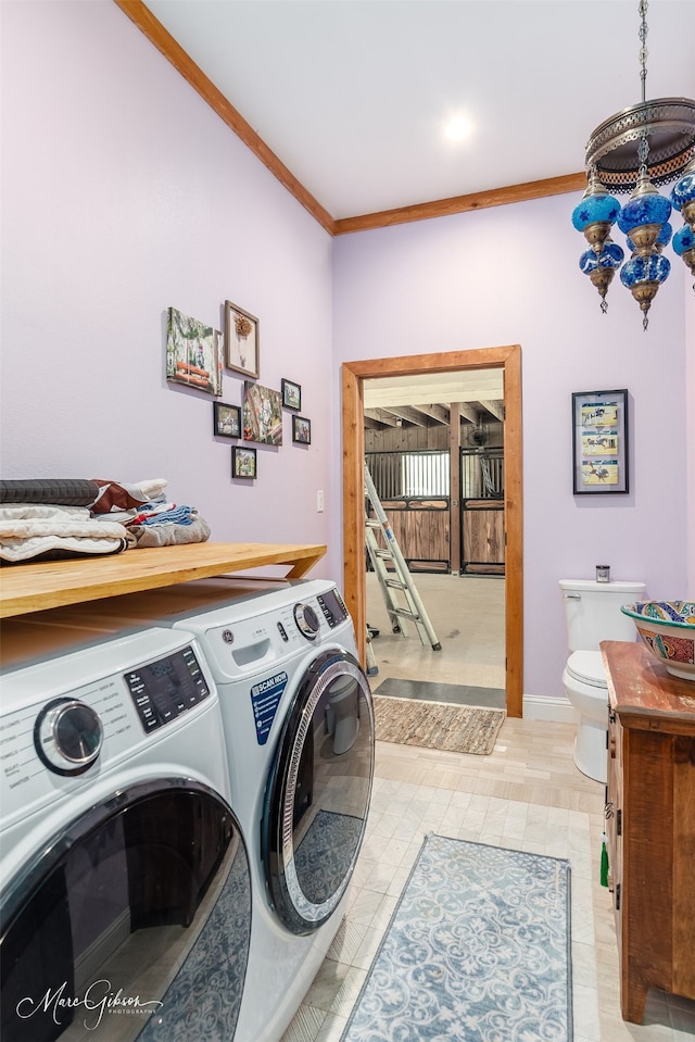 clothes washing area featuring crown molding and washer and clothes dryer