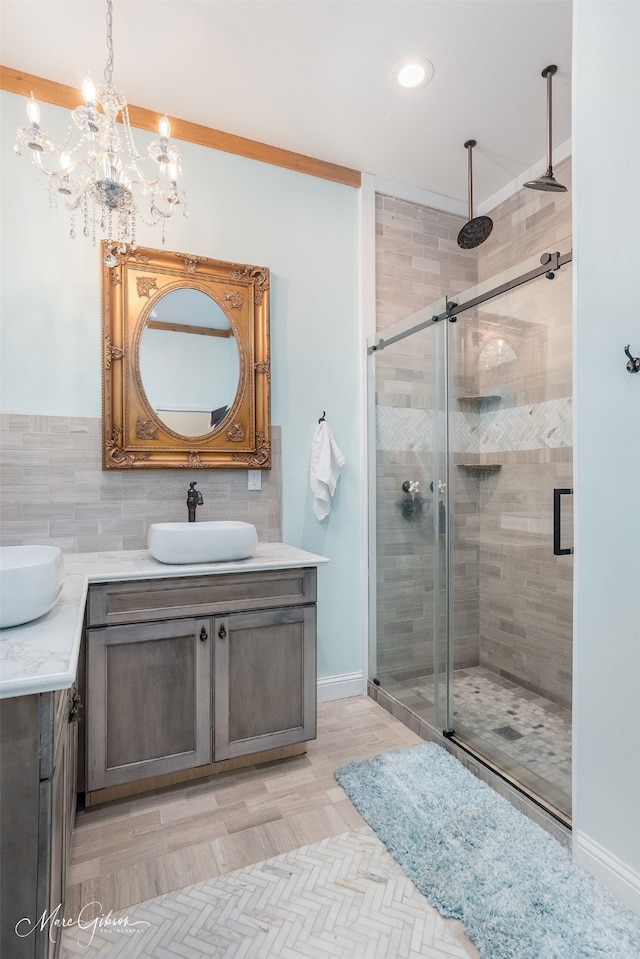 bathroom with vanity and walk in shower