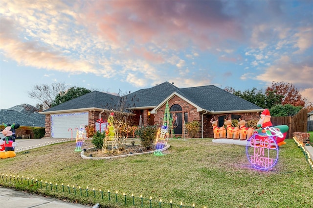 ranch-style house featuring a garage and a lawn