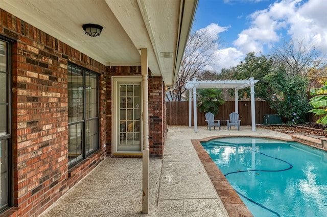 view of swimming pool with a pergola, a patio, and central air condition unit