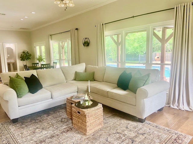 living room featuring hardwood / wood-style floors, ceiling fan, and crown molding