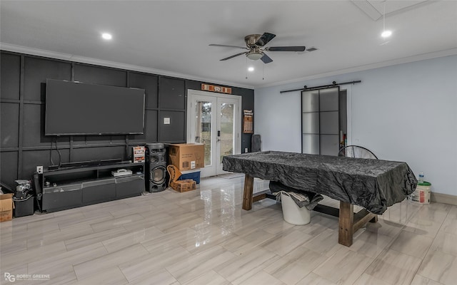 game room with ceiling fan, crown molding, french doors, and billiards