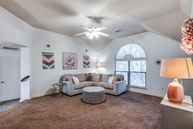 living room with carpet, vaulted ceiling, and ceiling fan