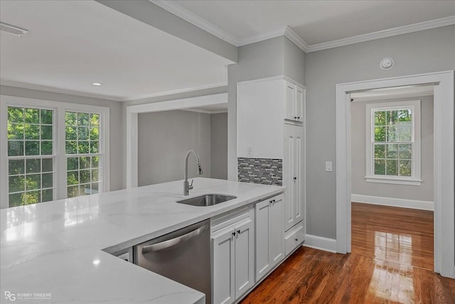 kitchen featuring white cabinetry, light stone countertops, sink, dark hardwood / wood-style flooring, and stainless steel dishwasher