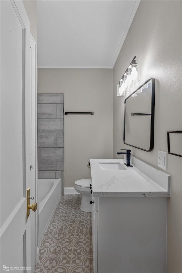 full bathroom with vanity, toilet, crown molding, and bathing tub / shower combination