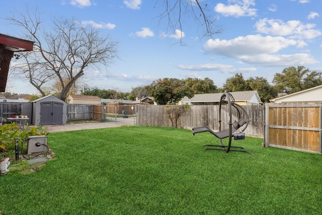 view of yard with a storage unit and a patio