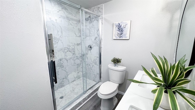 bathroom featuring vanity, toilet, and walk in shower