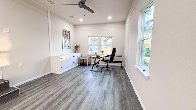 office area with wood-type flooring and ceiling fan