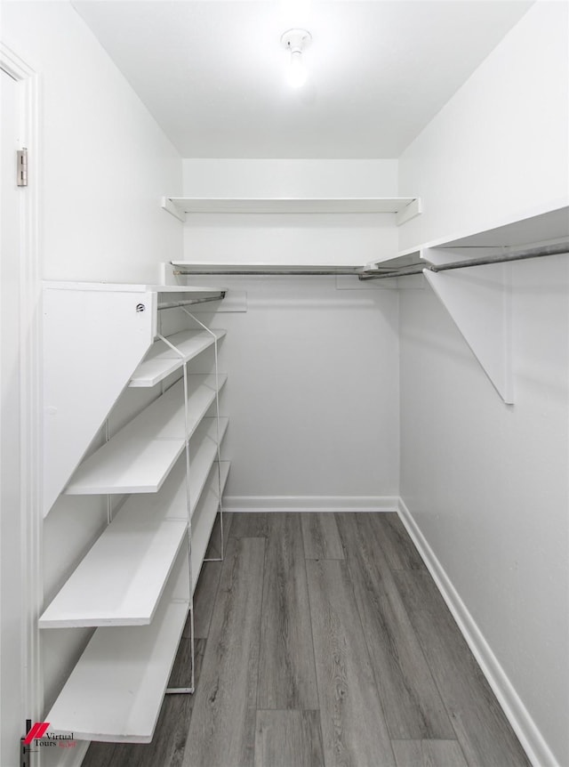 walk in closet with dark hardwood / wood-style floors