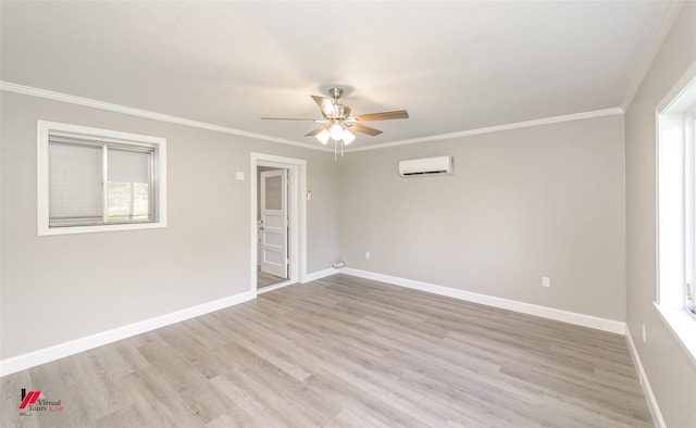 empty room with light hardwood / wood-style floors, a wall mounted AC, ornamental molding, and ceiling fan