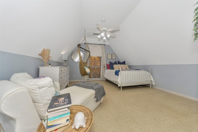 bedroom with ceiling fan and vaulted ceiling