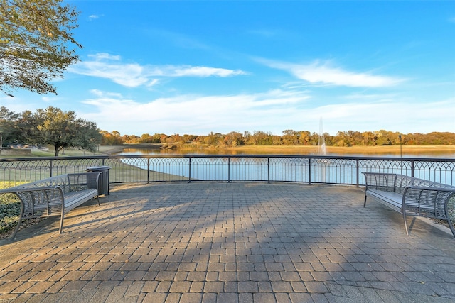 view of patio / terrace featuring a water view