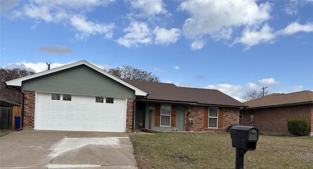 ranch-style home with a front yard and a garage