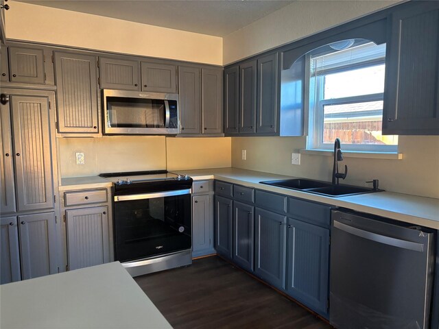 kitchen featuring appliances with stainless steel finishes, dark hardwood / wood-style flooring, and sink