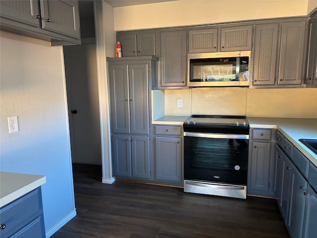 kitchen featuring stainless steel appliances, gray cabinets, and dark wood-type flooring