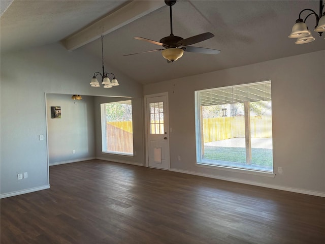 unfurnished living room with a textured ceiling, vaulted ceiling with beams, dark hardwood / wood-style flooring, and ceiling fan with notable chandelier