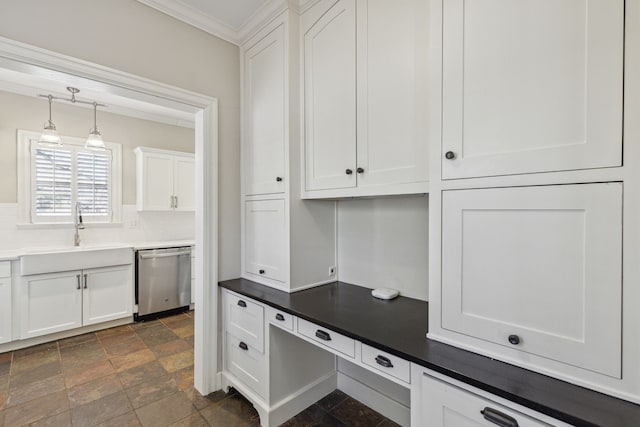 kitchen with dishwasher, pendant lighting, white cabinets, and sink