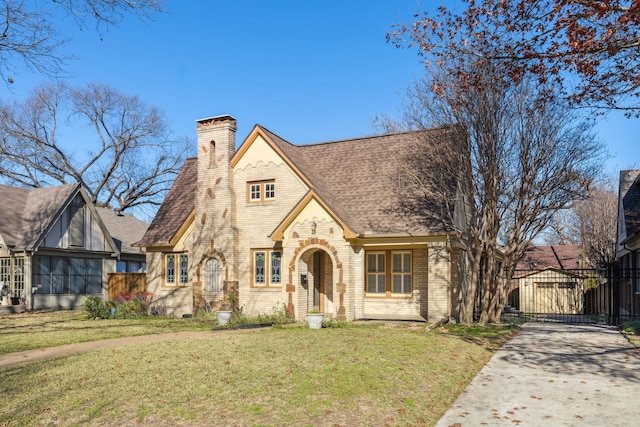 tudor-style house with a front lawn