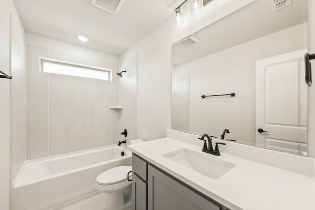 bathroom with visible vents, toilet, vanity, and shower / bath combination