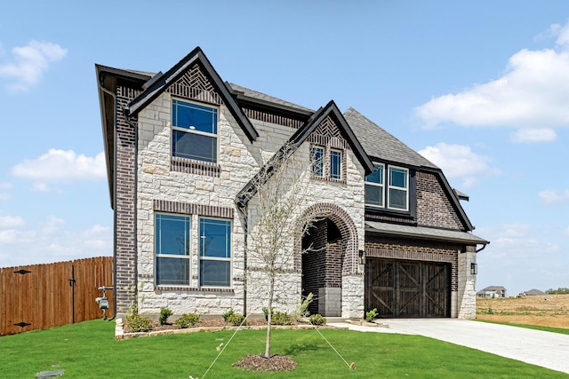 craftsman house with driveway, stone siding, a front yard, a garage, and fence
