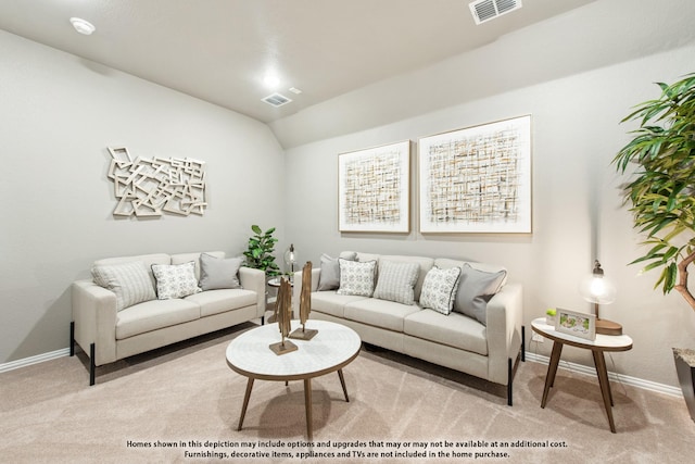 living room with light carpet and vaulted ceiling