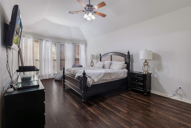 bedroom with dark wood-type flooring, ceiling fan, and lofted ceiling