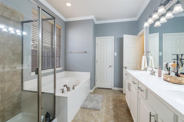 bathroom with plus walk in shower, vanity, crown molding, and tile patterned flooring