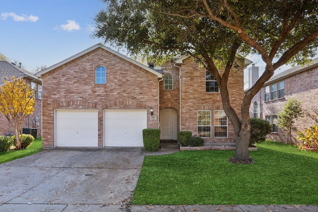 front facade with a garage, central AC unit, and a front yard